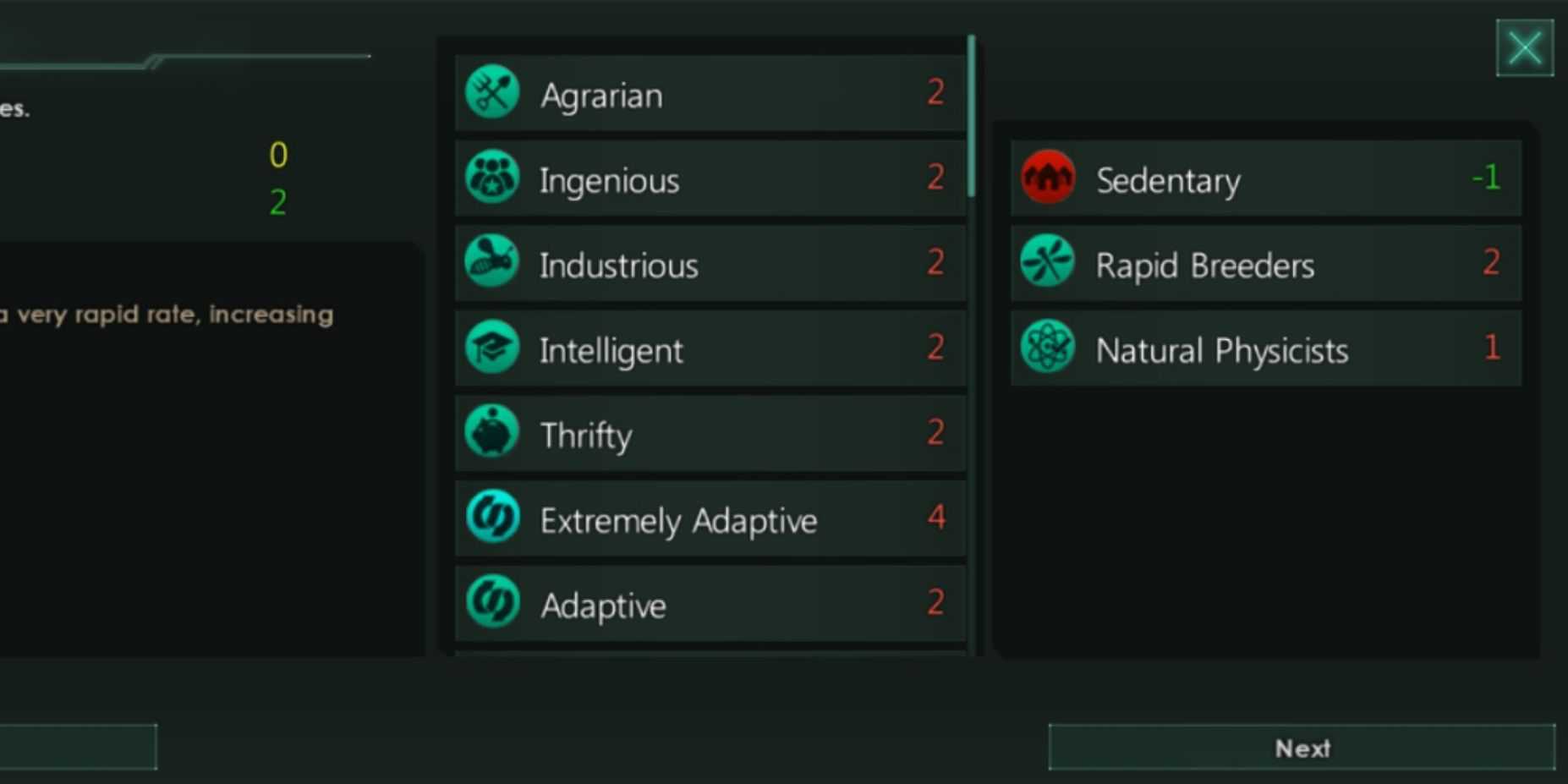 Captura de tela da lista de níveis de características Stellaris: Psicólogos Rápidos