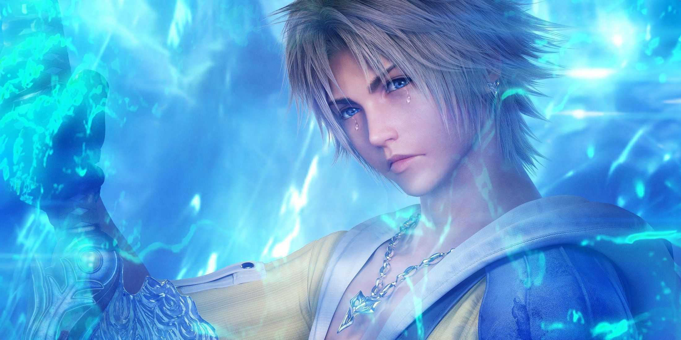 final fantasy 10, tidus completely engulfed in a blue hue, crying.