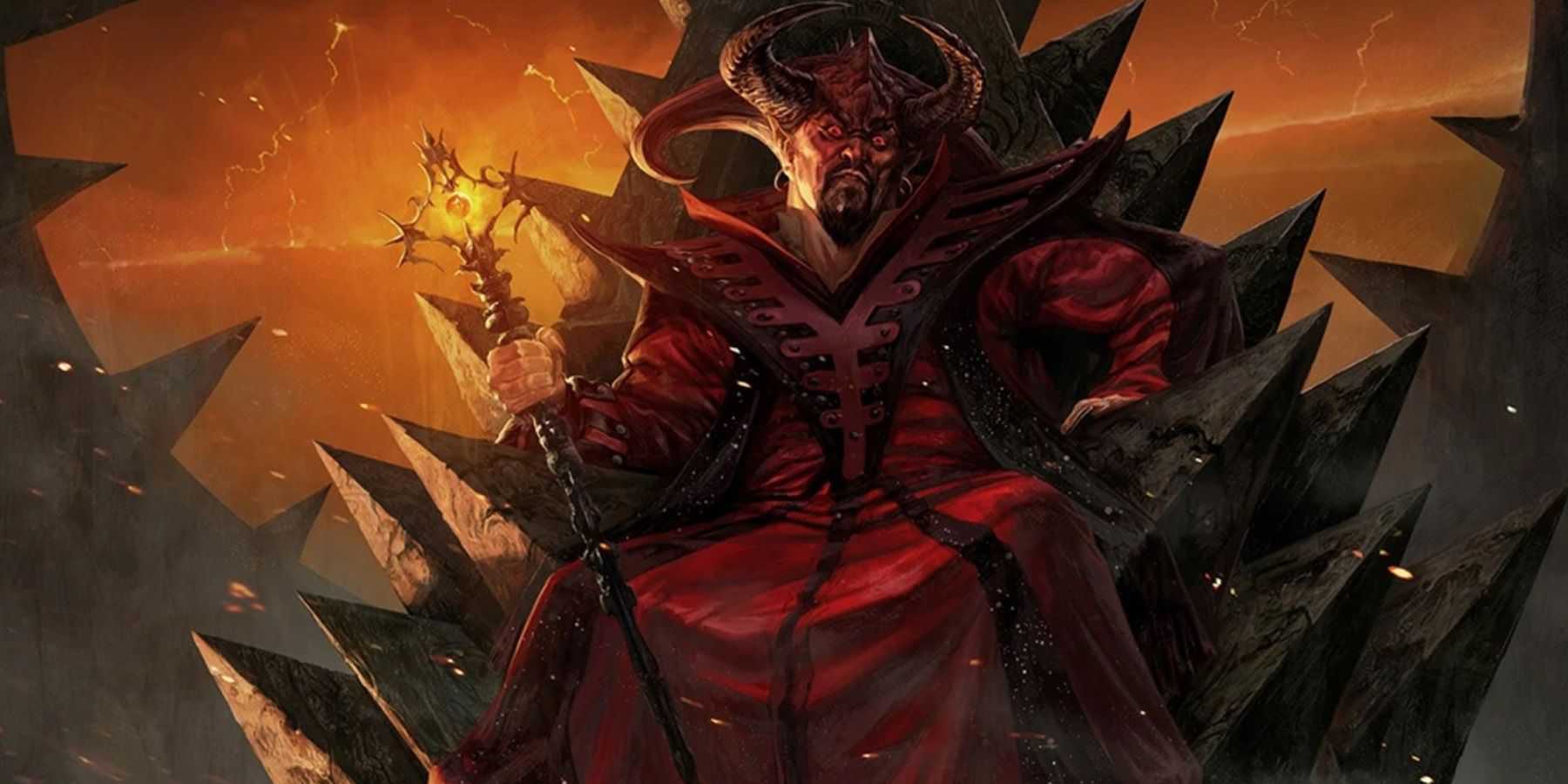 Asmodeus em um trono de pedra pontiaguda do D&D 5e Descent to Avernus