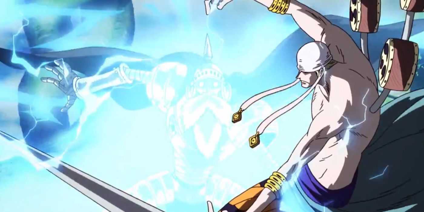 One Piece - Enel usando sua Akuma no Mi para chocar o deus Skypiea inconsciente