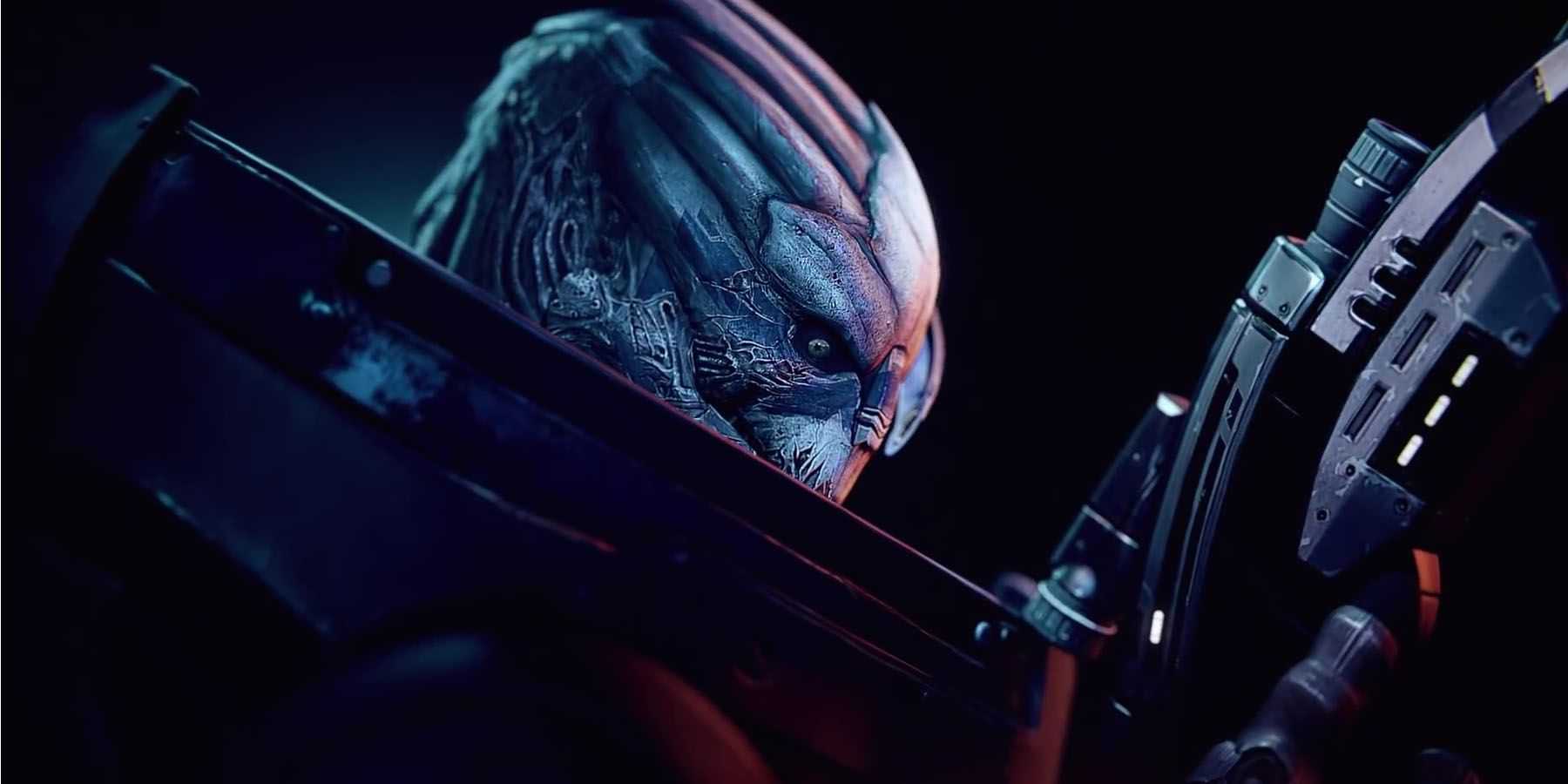 A screenshot of Garrus readying his sniper rifle in Mass Effect Legendary Edition.