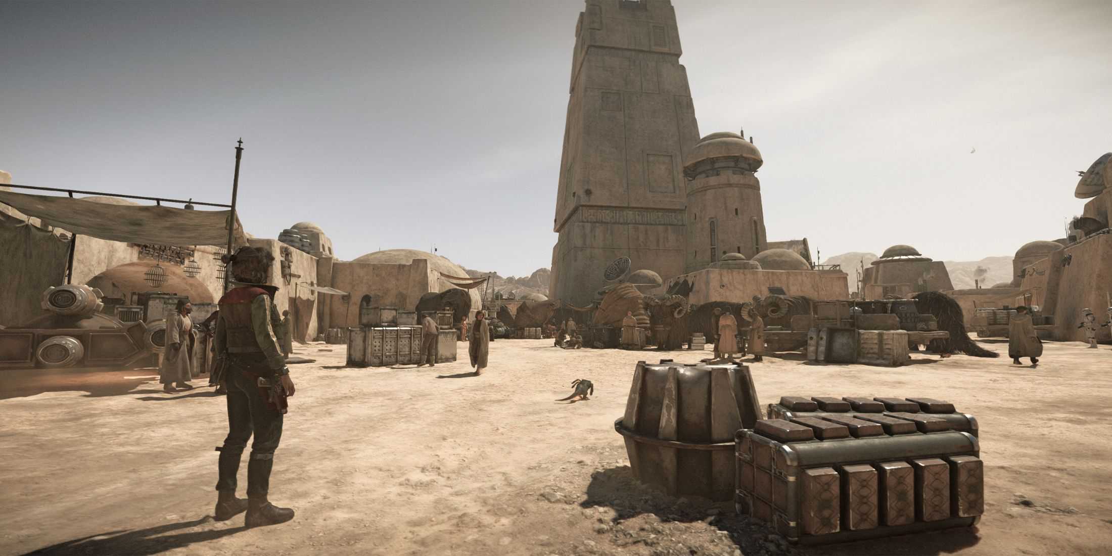 Kay near the Ubrikkian Trade Tower in Mos Eisley in Star Wars Outlaws