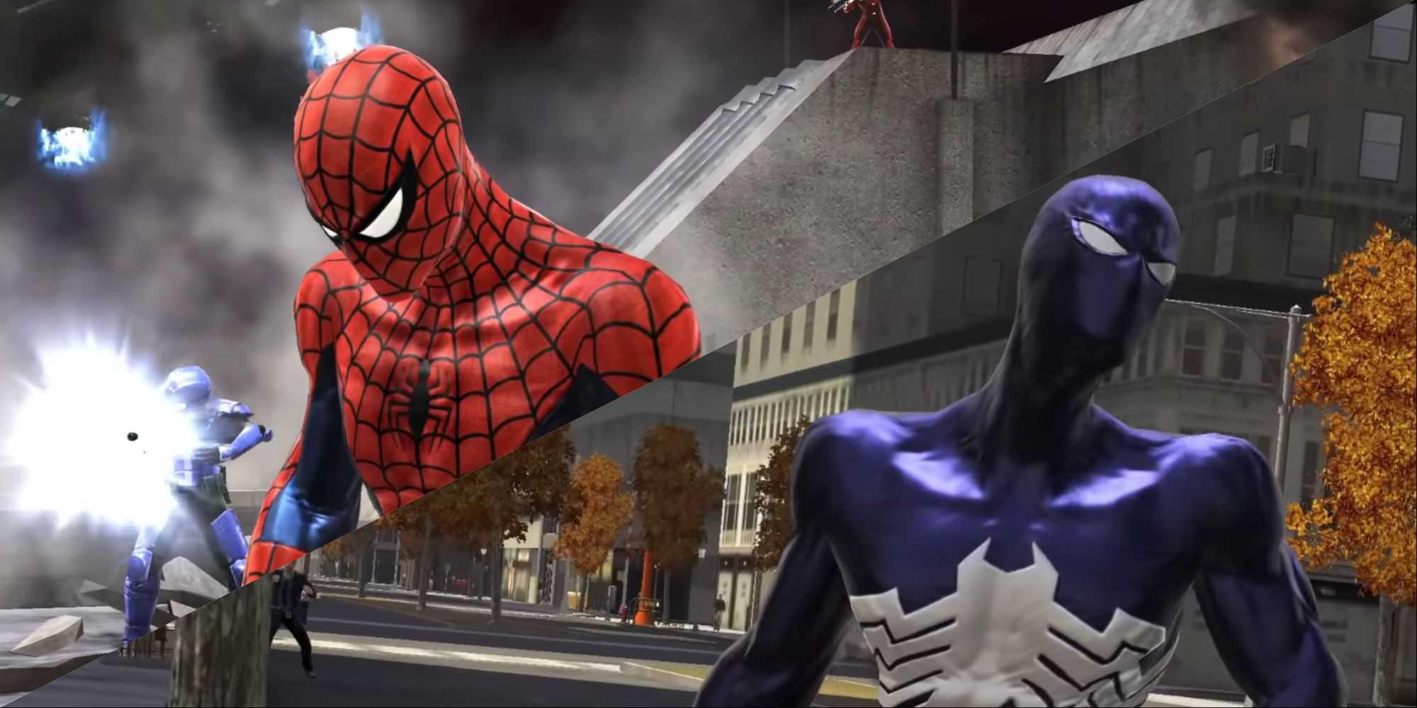 Homem-Aranha clássico e simbionte em Spider-Man Web Of Shadows