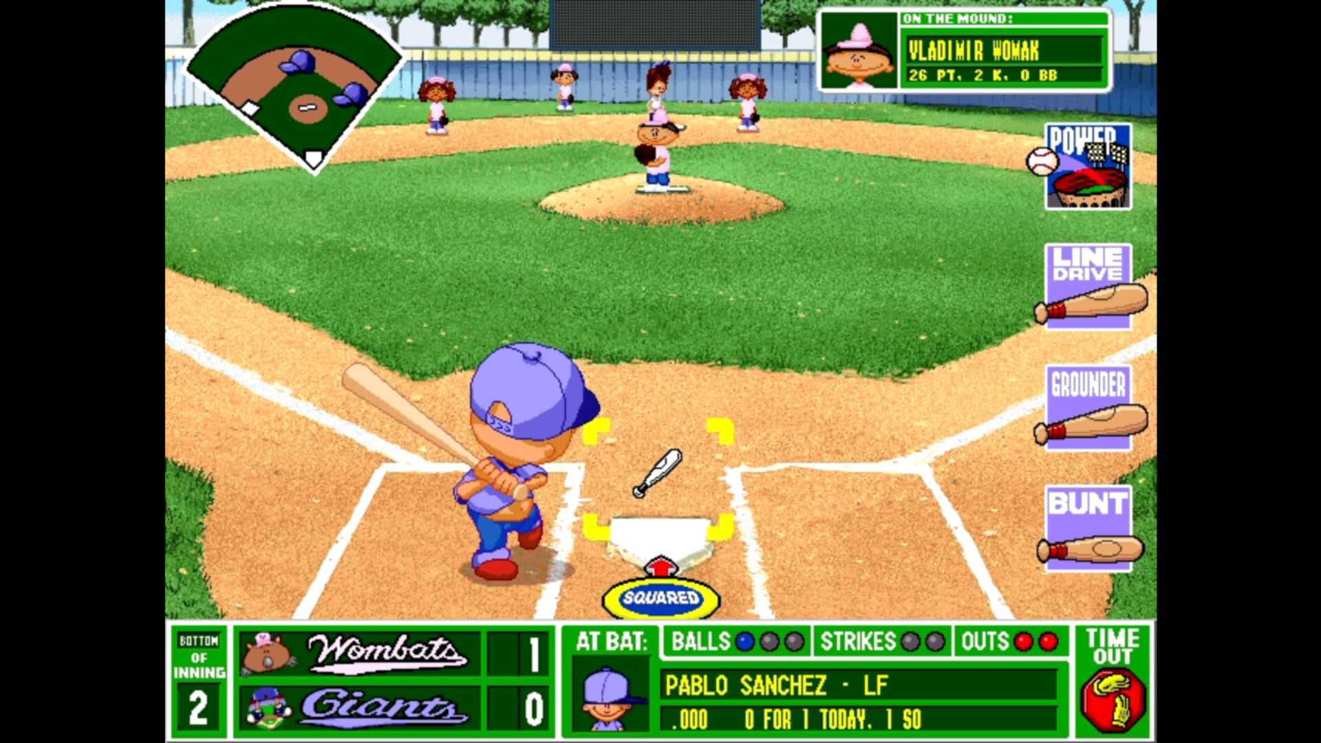 Backyard Baseball shows Pablo Sanchez at bat