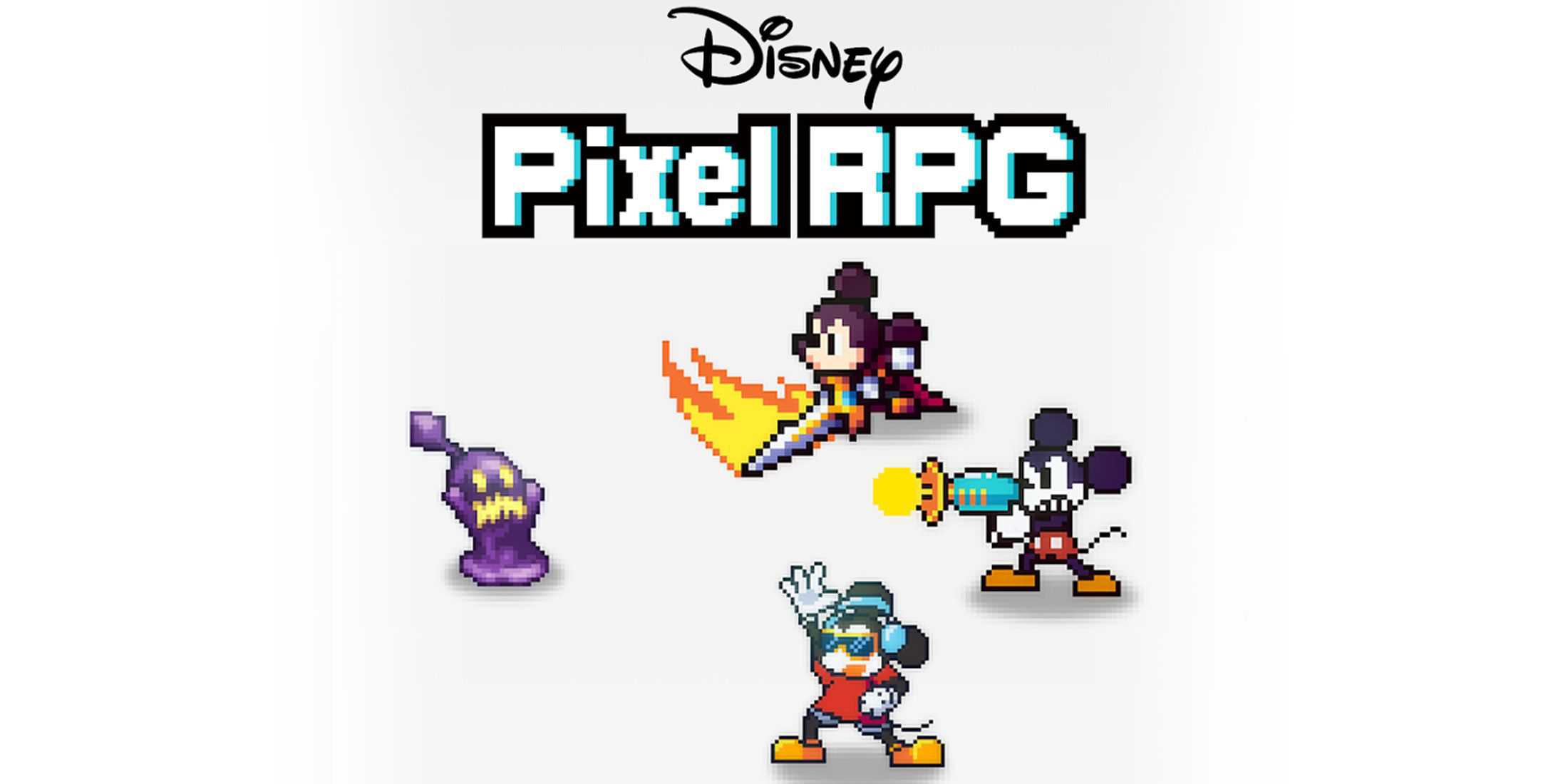 Disney Pixel RPG logo with Mickey three Mouse character sprites in combat