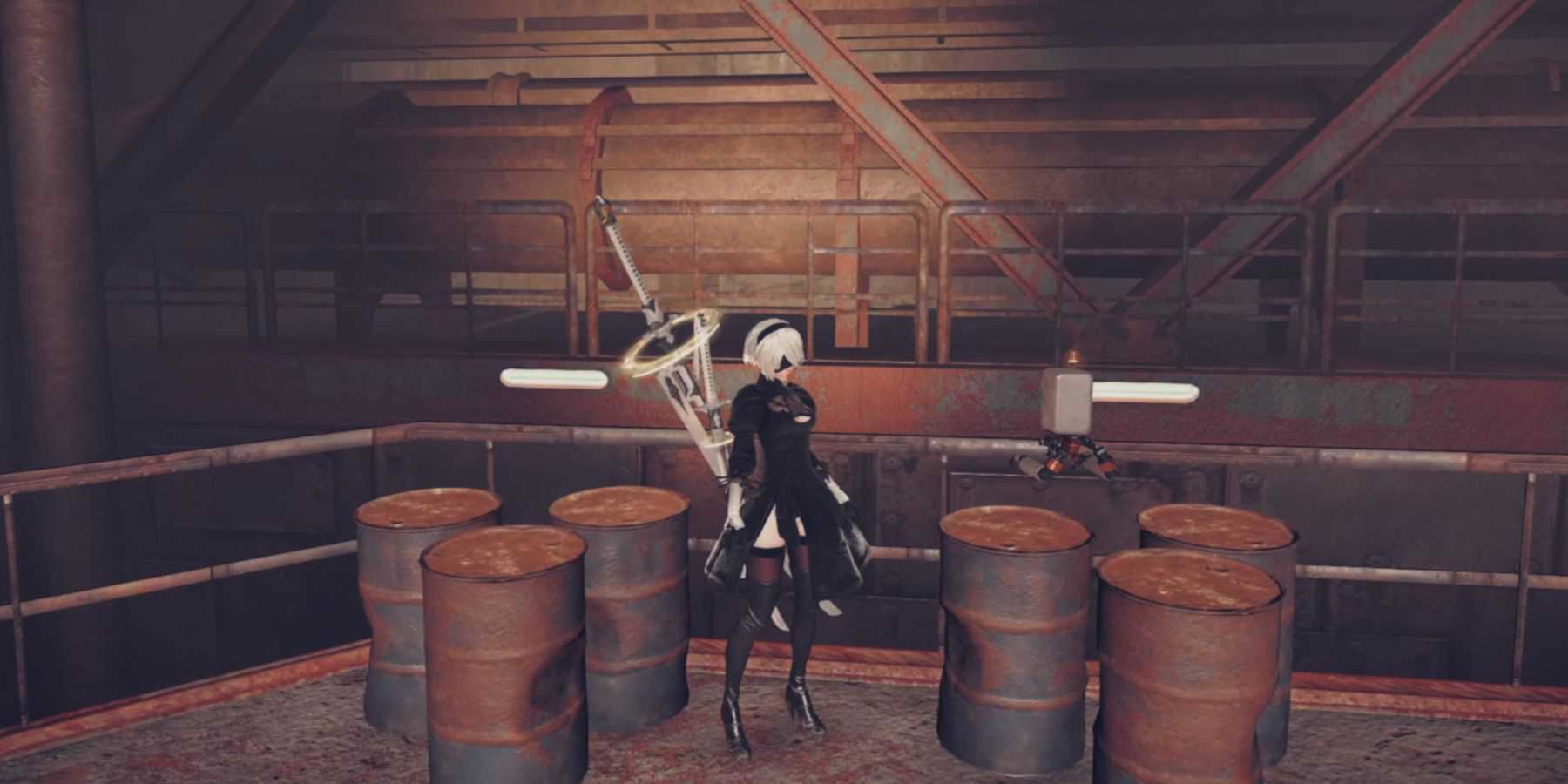 Nier Automata - position 2B between the barrels to unlock the chapter select cheat