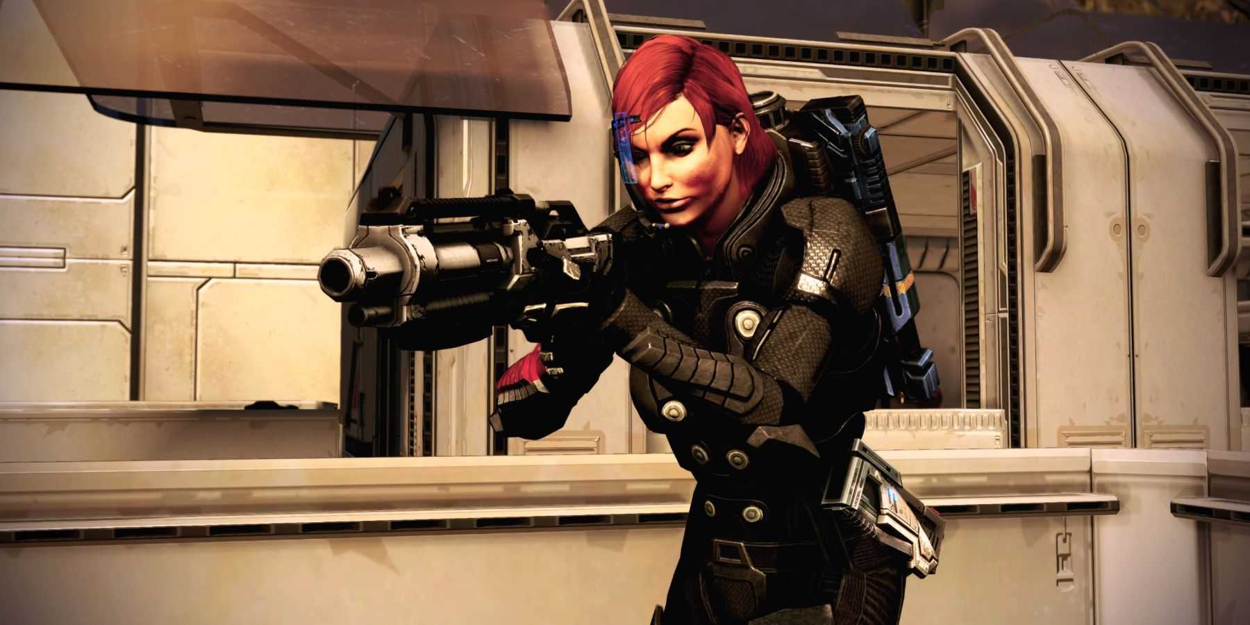 jane shepard segurando espingarda na mão no horizonte