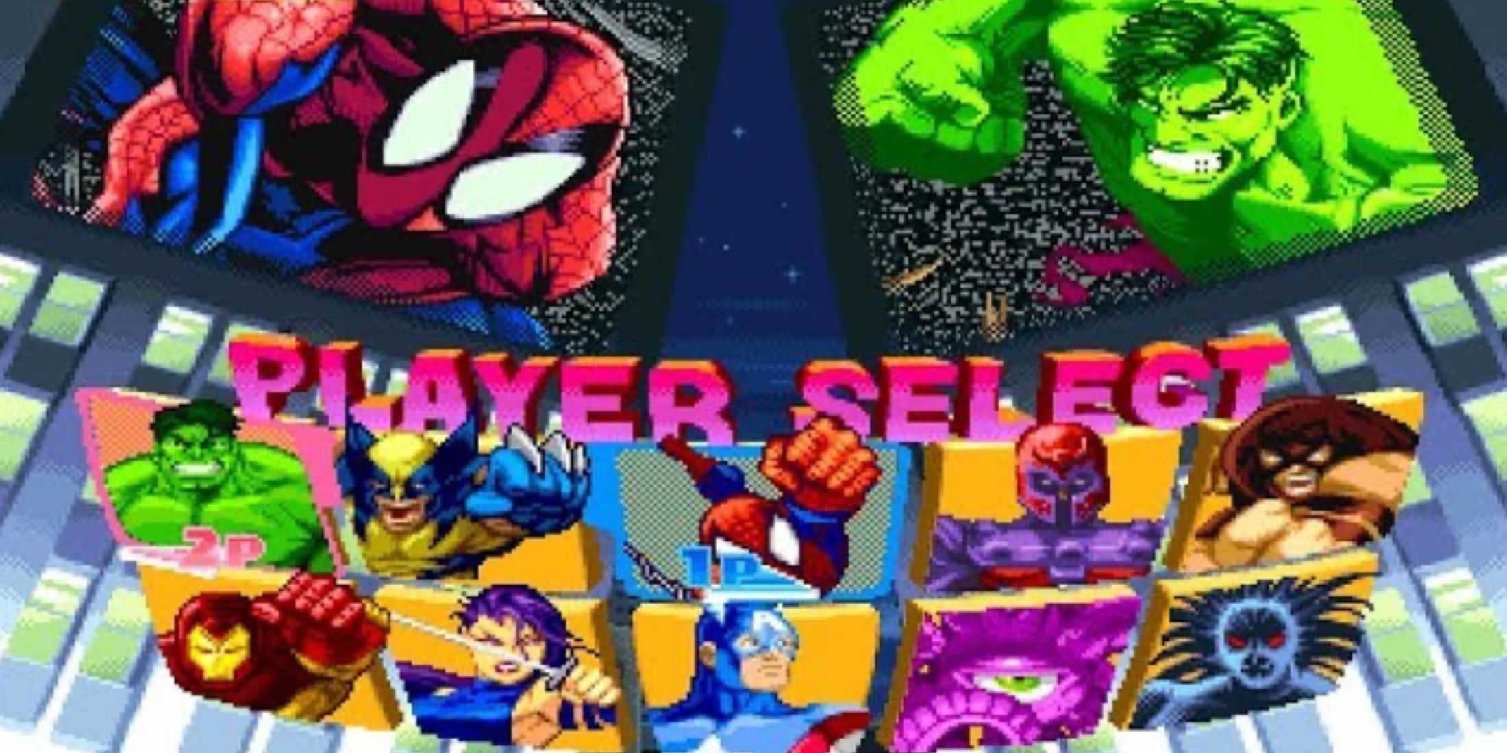 Spider-Man and Hulk in Marvel Super Heroes character select screen