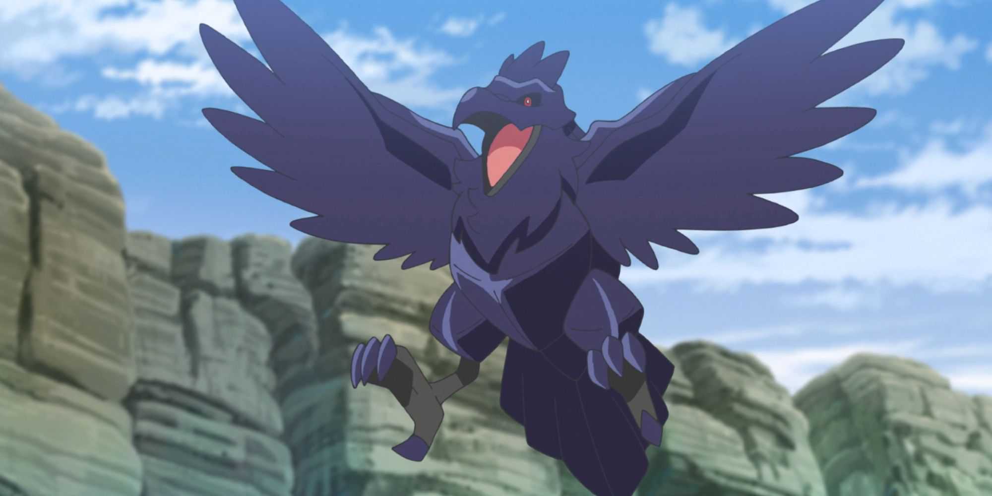 Corviknight abrindo suas asas em uma montanha em Pokemon