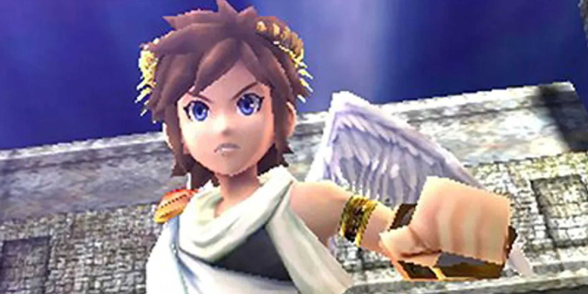 Pit parece preocupado perto de um templo em uma cena de Kid Icarus Uprising