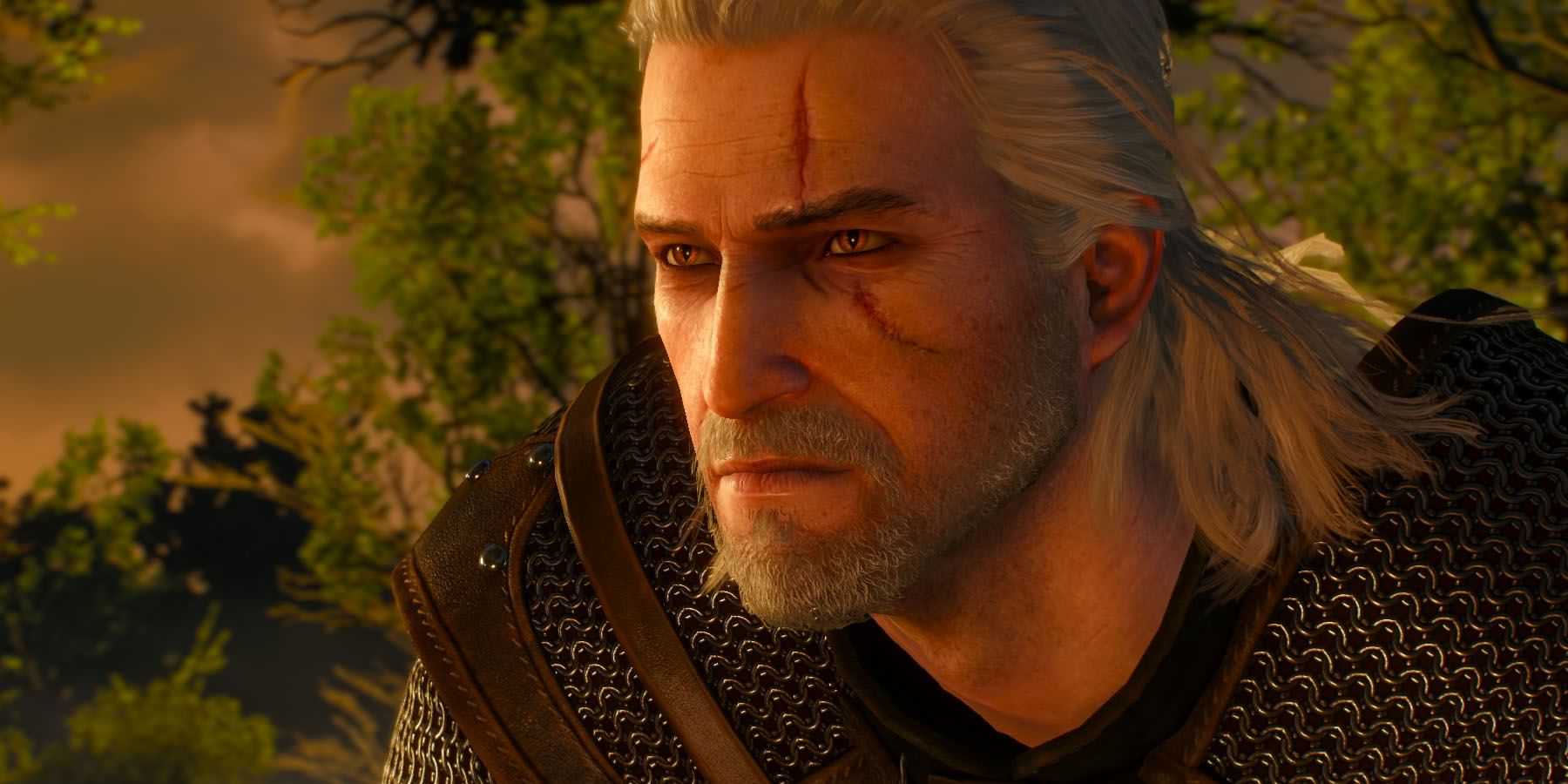 A screenshot of Geralt of Rivia amid a sunset in The Witcher 3: Wild Hunt.