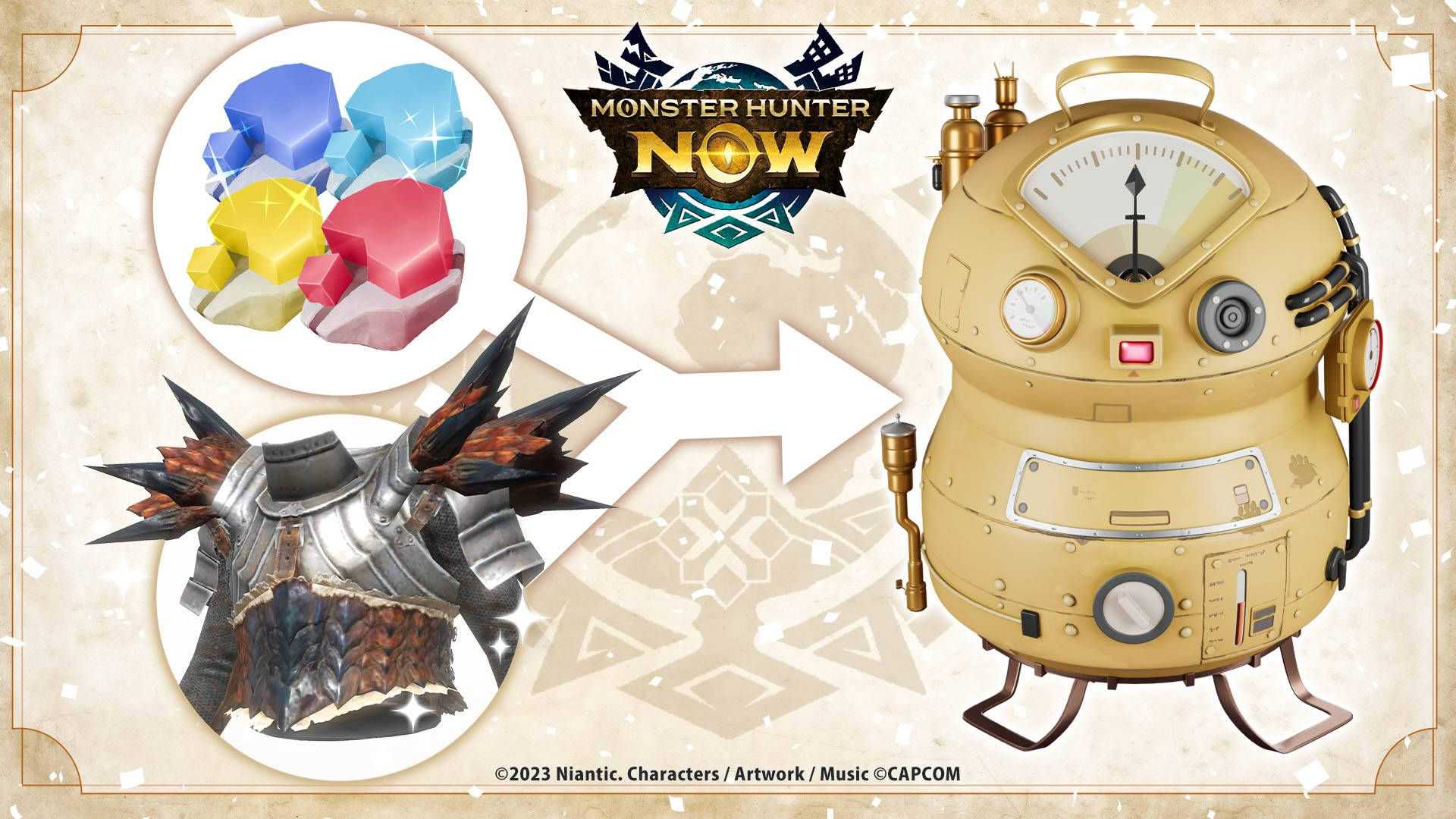 Monster Hunter Now Heavy Bowgun: uma imagem demonstrando como usar Driftstones e Armor em um Driftsmelter.