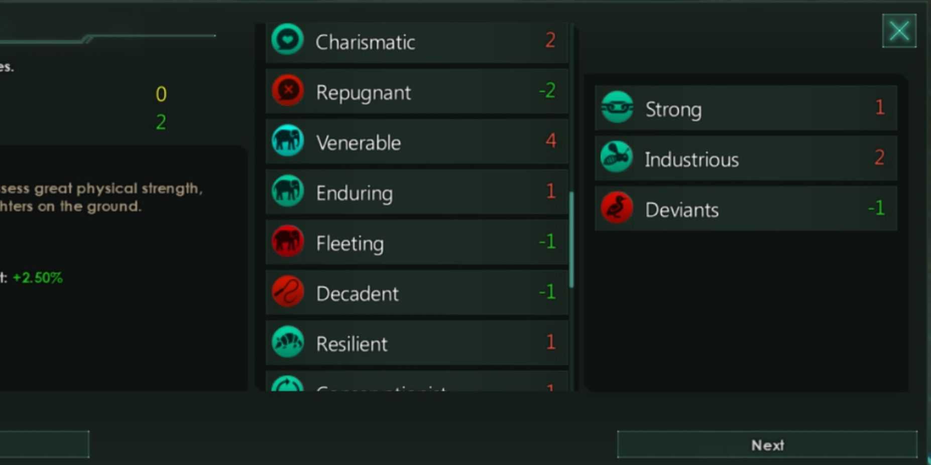 Captura de tela da lista de níveis de características Stellaris: Strong Deviant