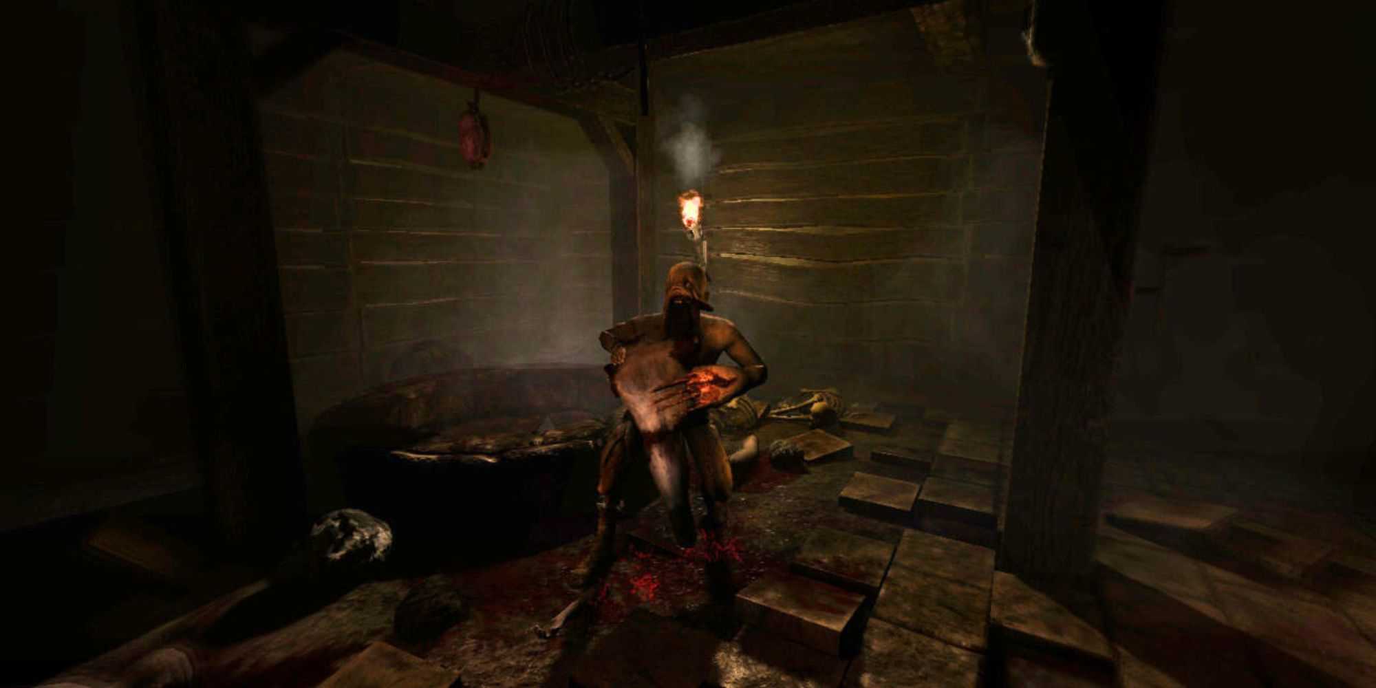 A monster looking at the player in Amnesia: The Dark Descent