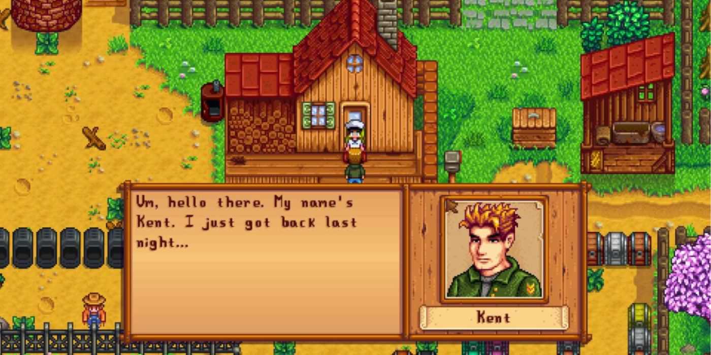 Kent standing outside the player's farm with a text box introduction.