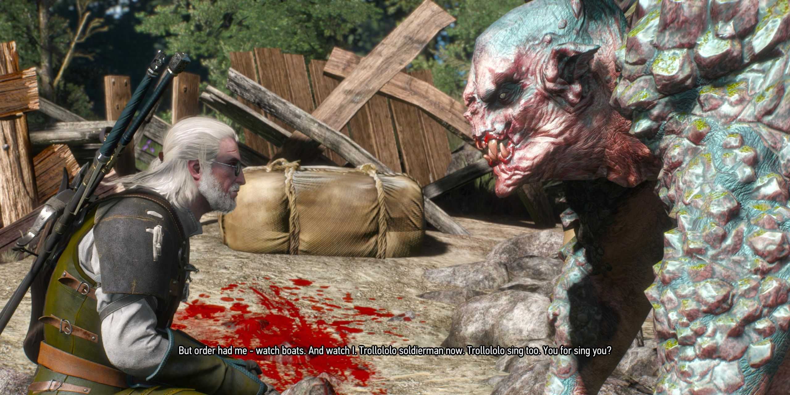 Geralt and a rock troll in The Witcher 3: Wild Hunt