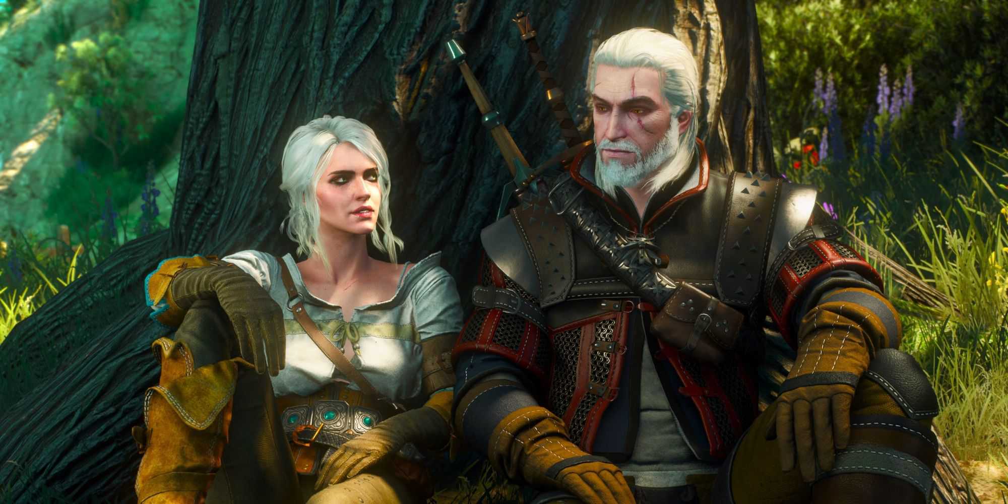 Geralt de Rivia e Ciri sentados sob uma árvore em The Witcher 3 The Wild Hunt