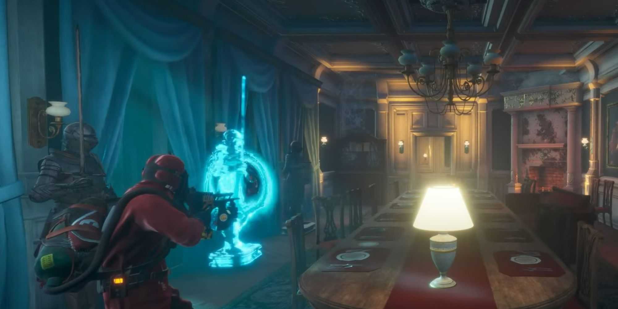 hunter targeting a ghostly knight in dining area in midnight ghost hunt