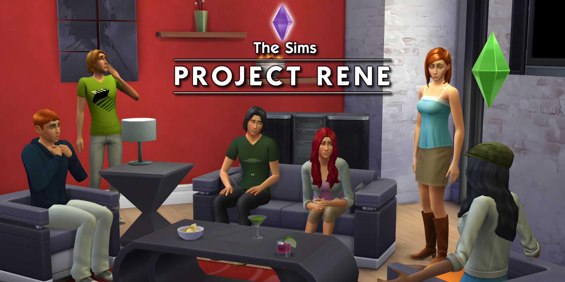 Project Rene logo overlaid on Sims 4 screenshot 