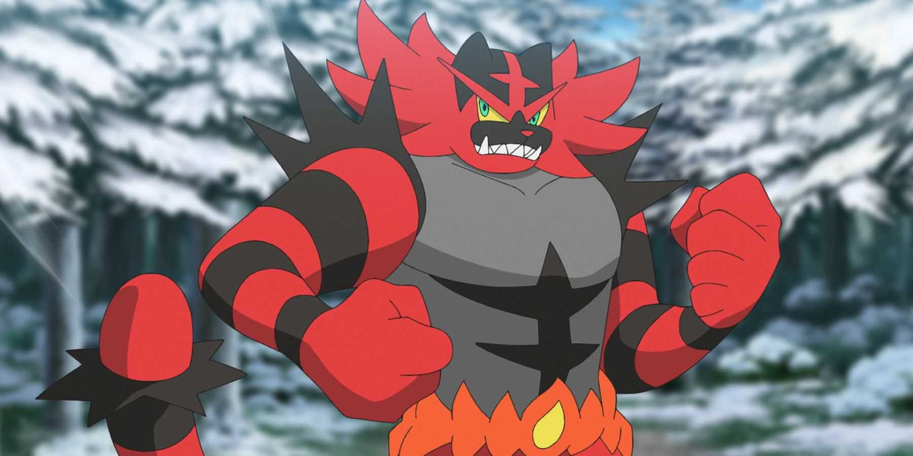 A screenshot from the Pokemon anime, showing Ash's Incineroar.