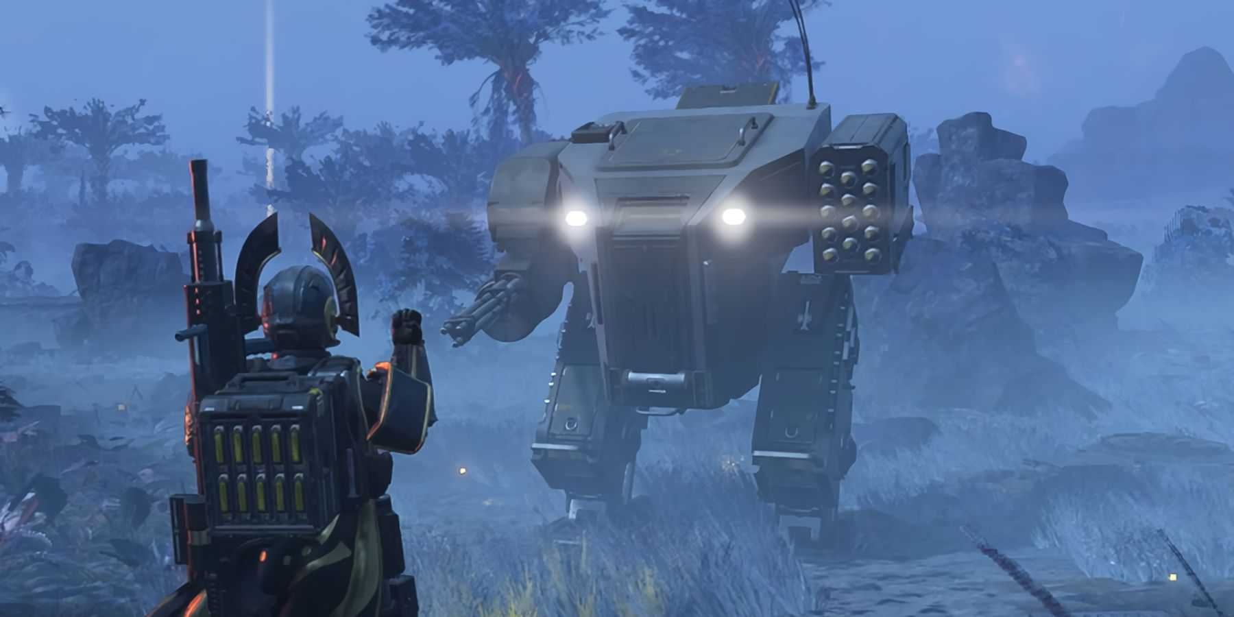 A screenshot from Helldivers 2 showing the playable mechs.