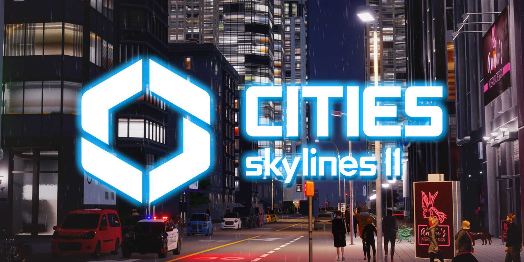 captura de tela do logotipo branco do Cities Skylines 2 com brilho externo azul claro na rua do centro