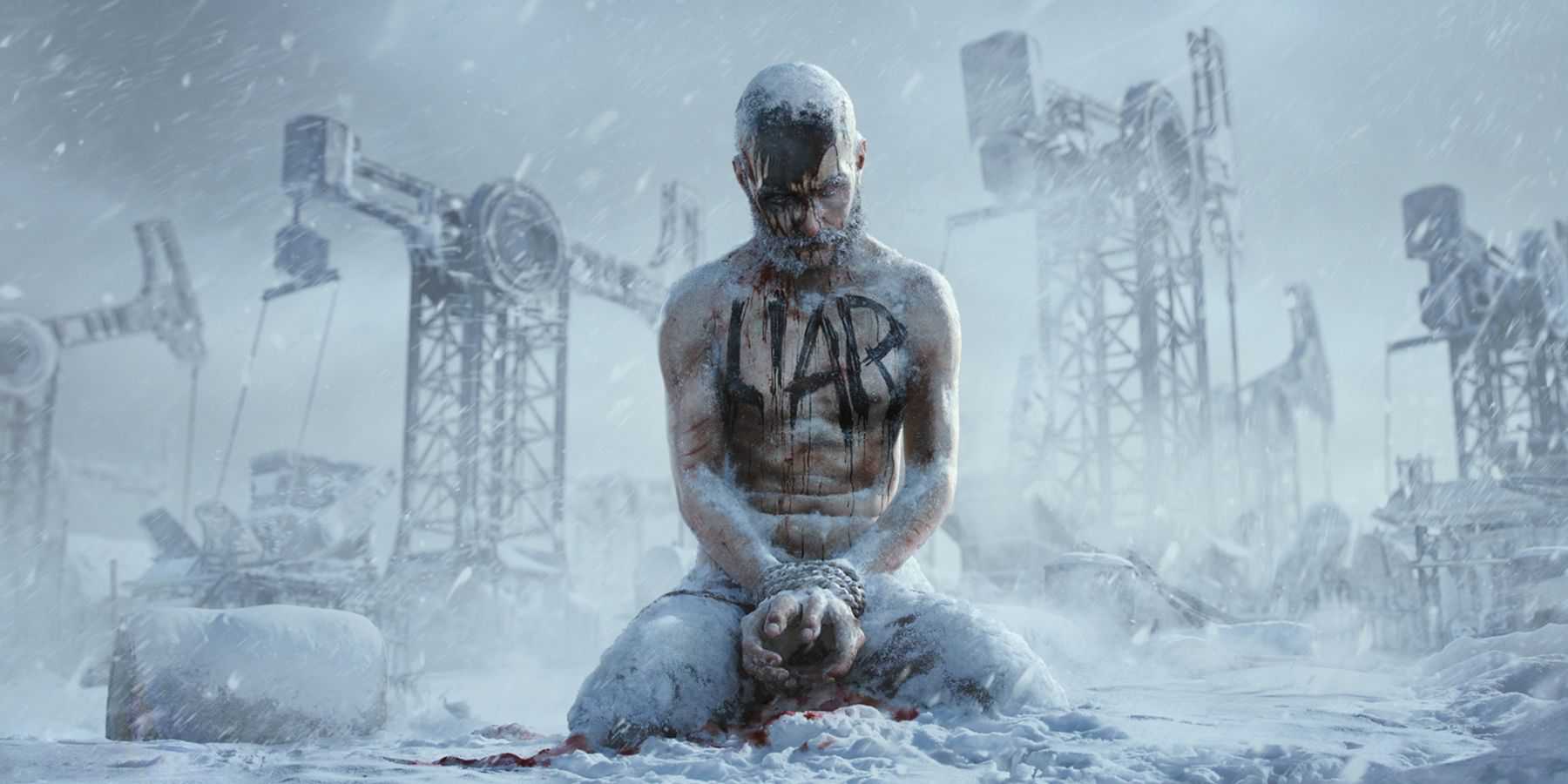 Man with liar written on chest tied up in frozen wasteland from Frostpunk