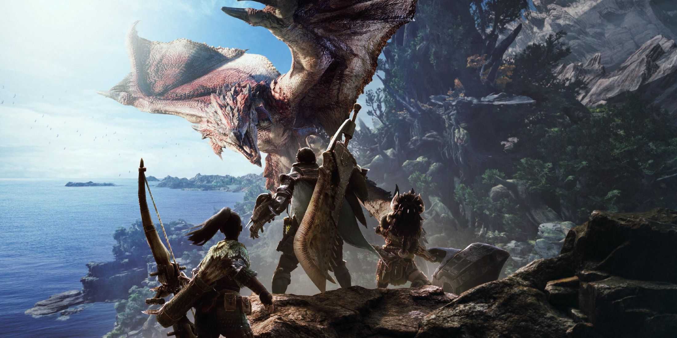 The heroes fighting a monster on a cliffside in Monster Hunter World