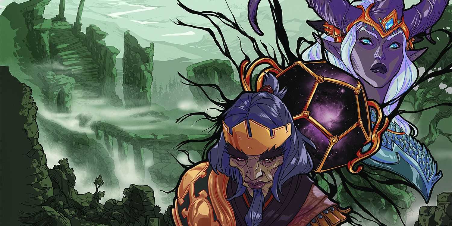 Leylas Kryn e King Dwendal na arte da capa do DND Explorers Guide to Wildemount