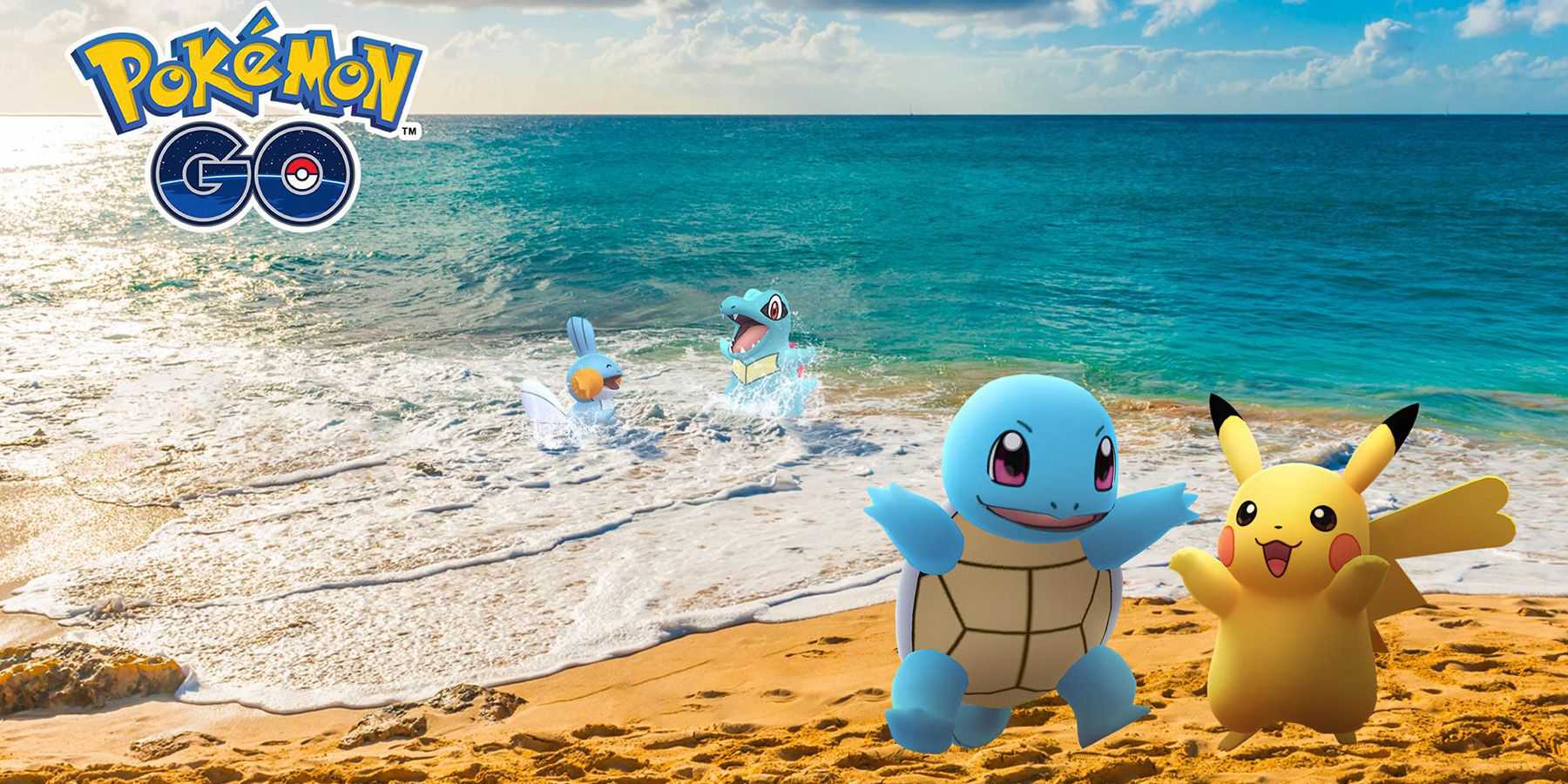 Pokemon GO Pikachu Squirtle Mudkip Totodile on beach at sunset key art