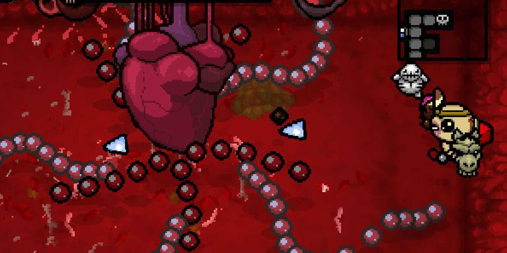 The Binding of Isaac: Repentance. Isaac hugs the wall while a huge heart in the middle of the room launches streams of projectiles in all directions.