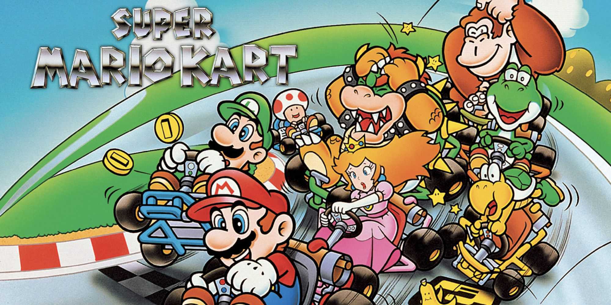 Arte promocional com personagens do Super Mario Kart