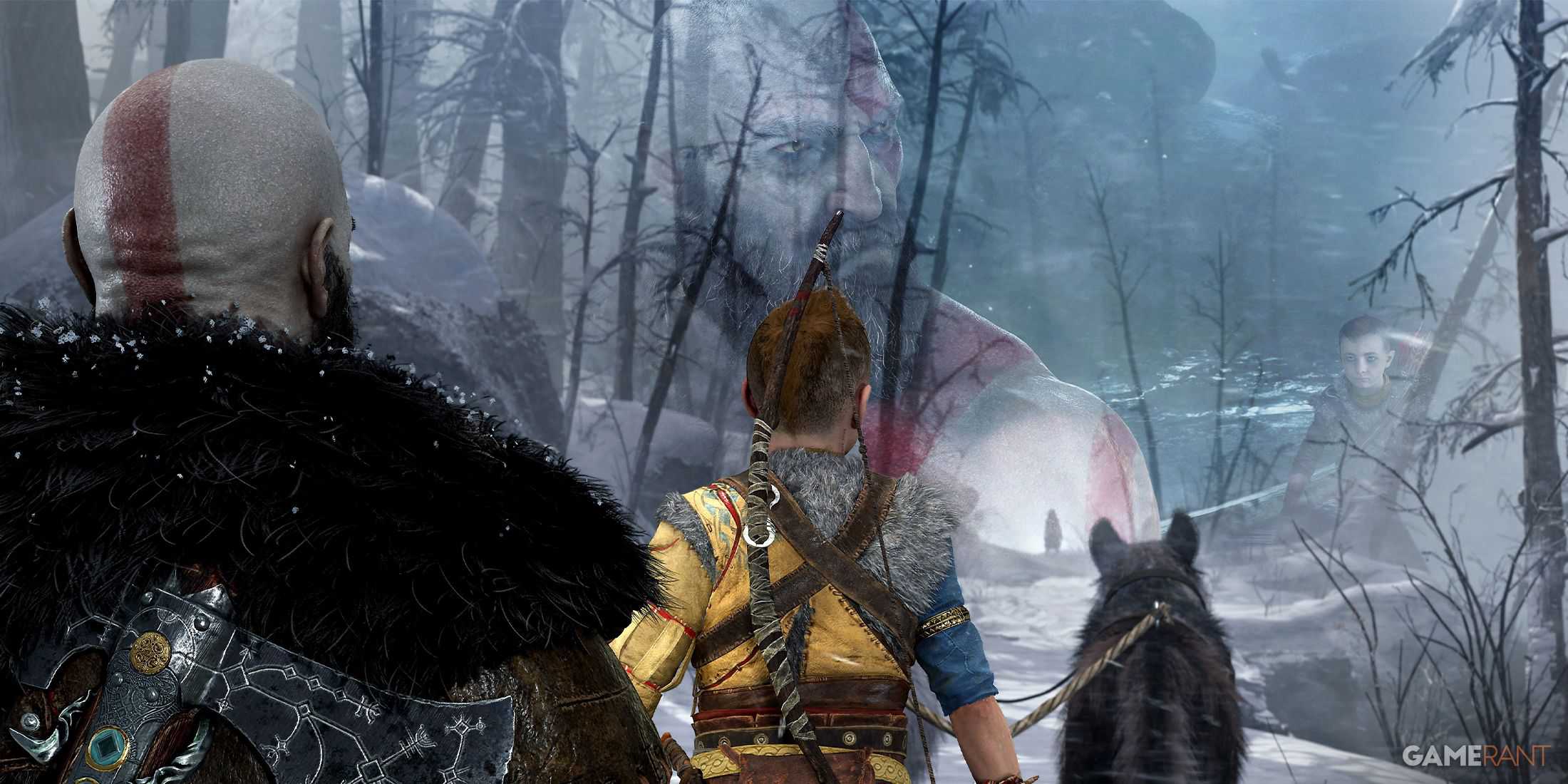 God of War Ragnarok Kratos and Atreus looking into the past