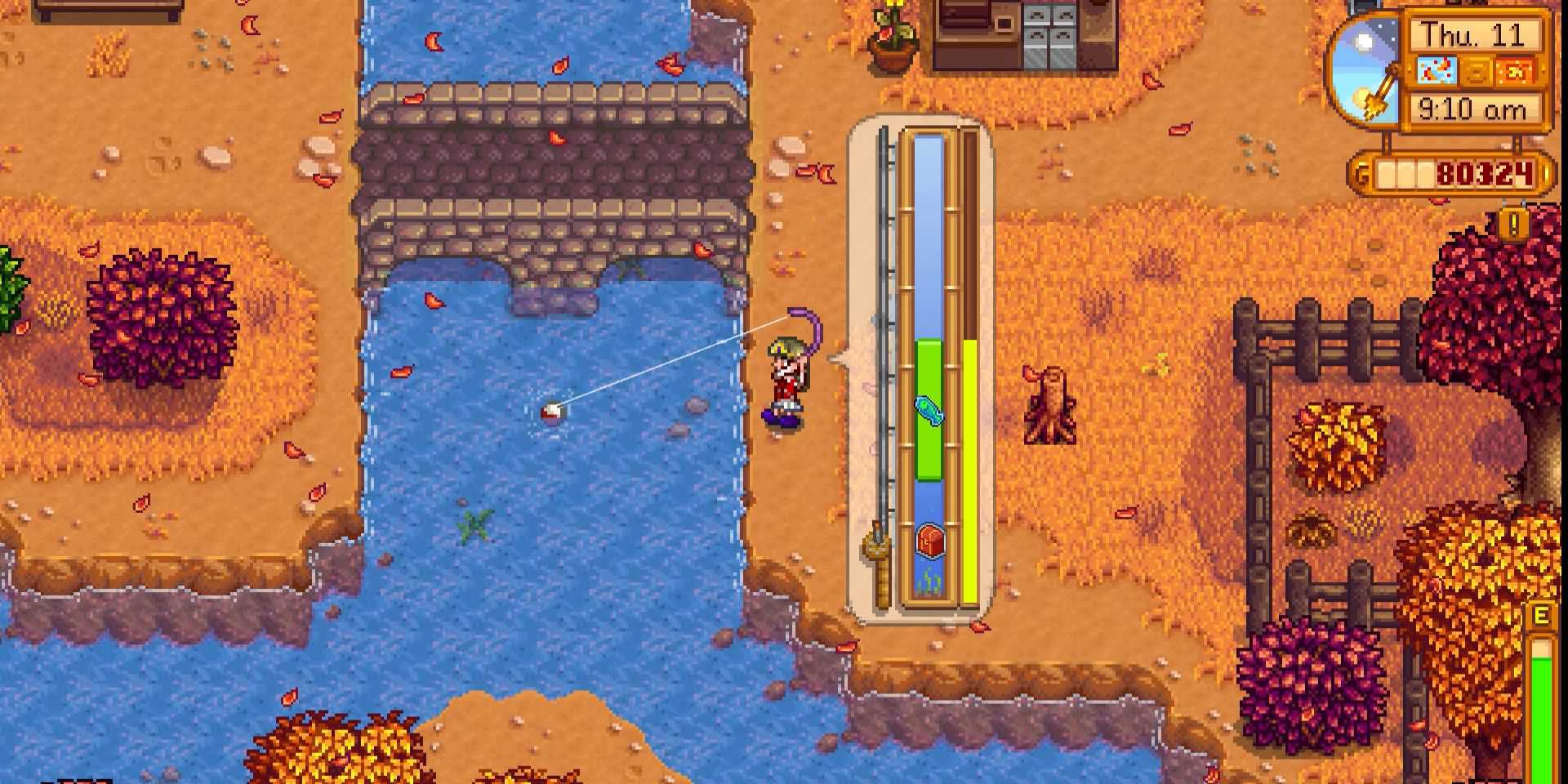 Imagem de um personagem encontrando um baú de pesca enquanto pescava em Stardew Valley