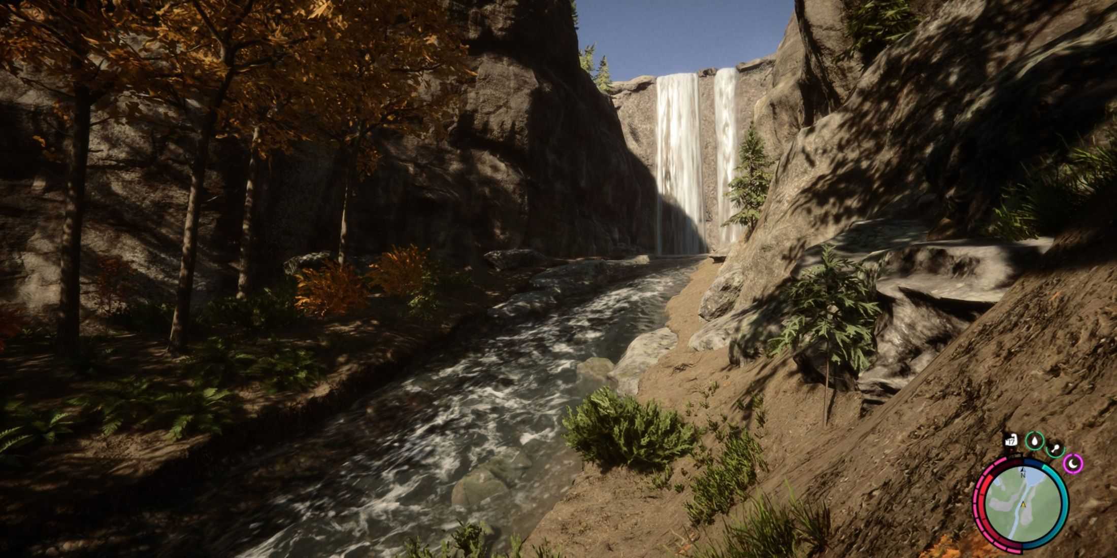 A waterfall leading into a river in Sons of the Forest