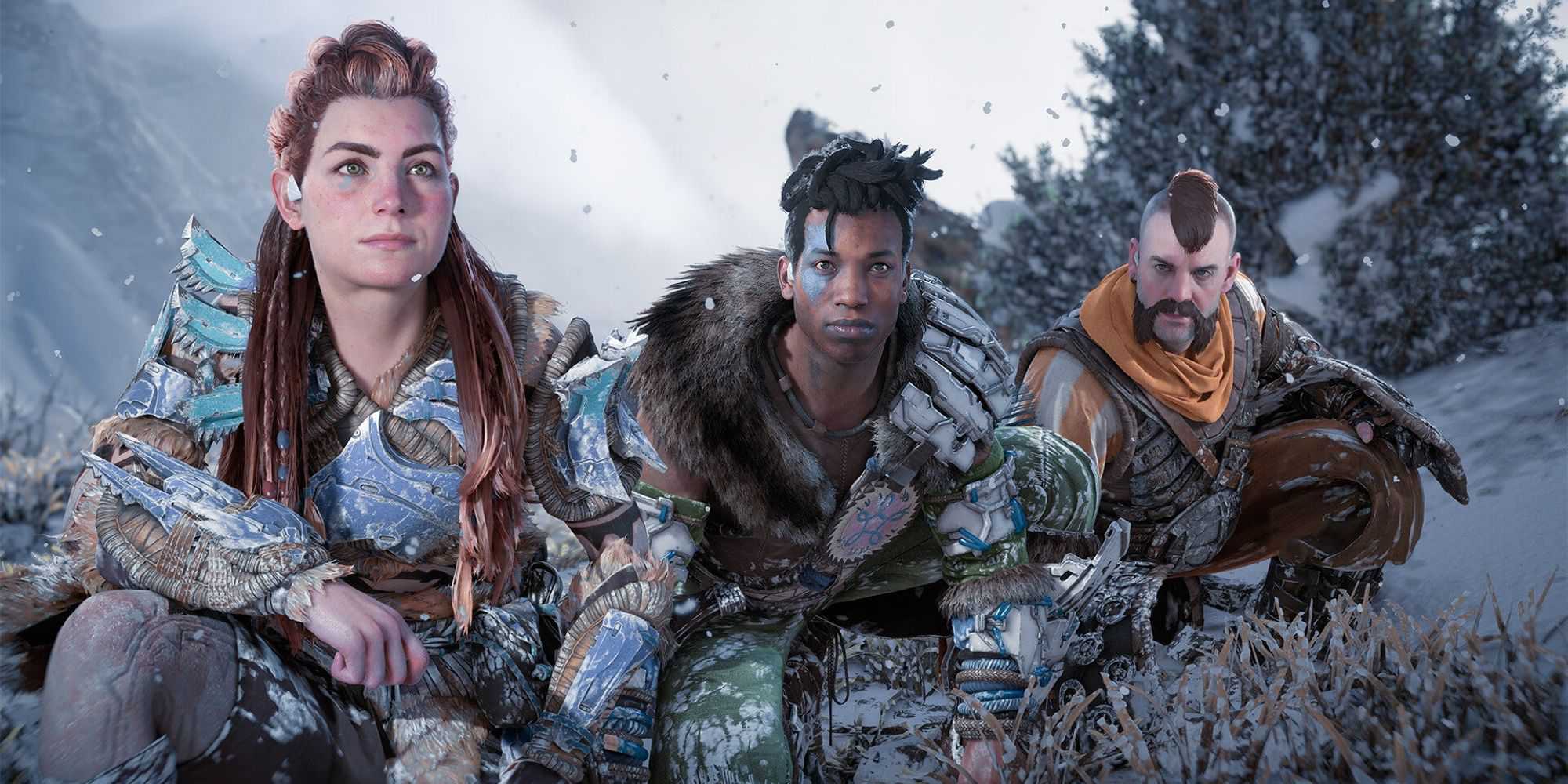 Aloy, Varl, and Erend kneeling in the snow in Horizon Forbidden West