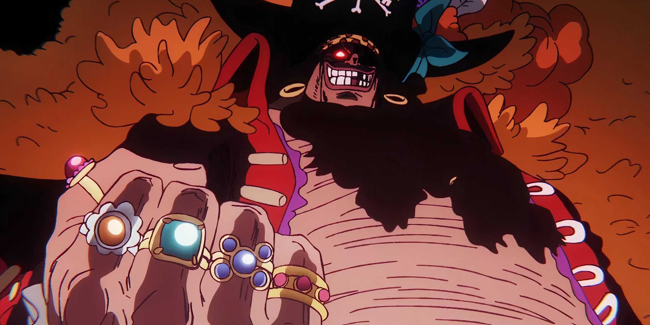 Barba Negra de One Piece com olhos vermelhos cerrando o punho