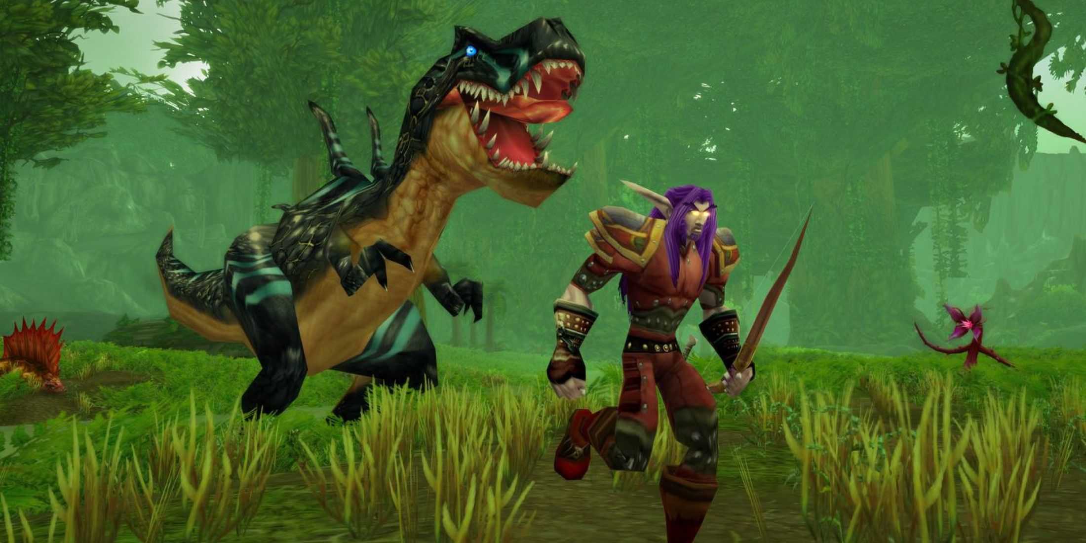 um elfo noturno fugindo de um t-rex do wow classic