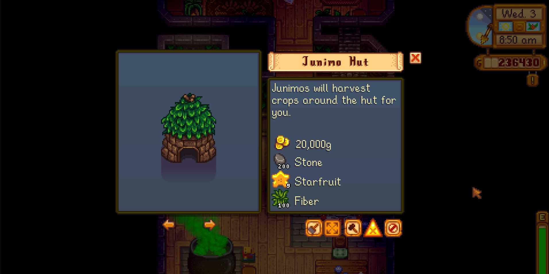 Image of the Junimo Hut available for purchase from the wizard in Stardew Valley