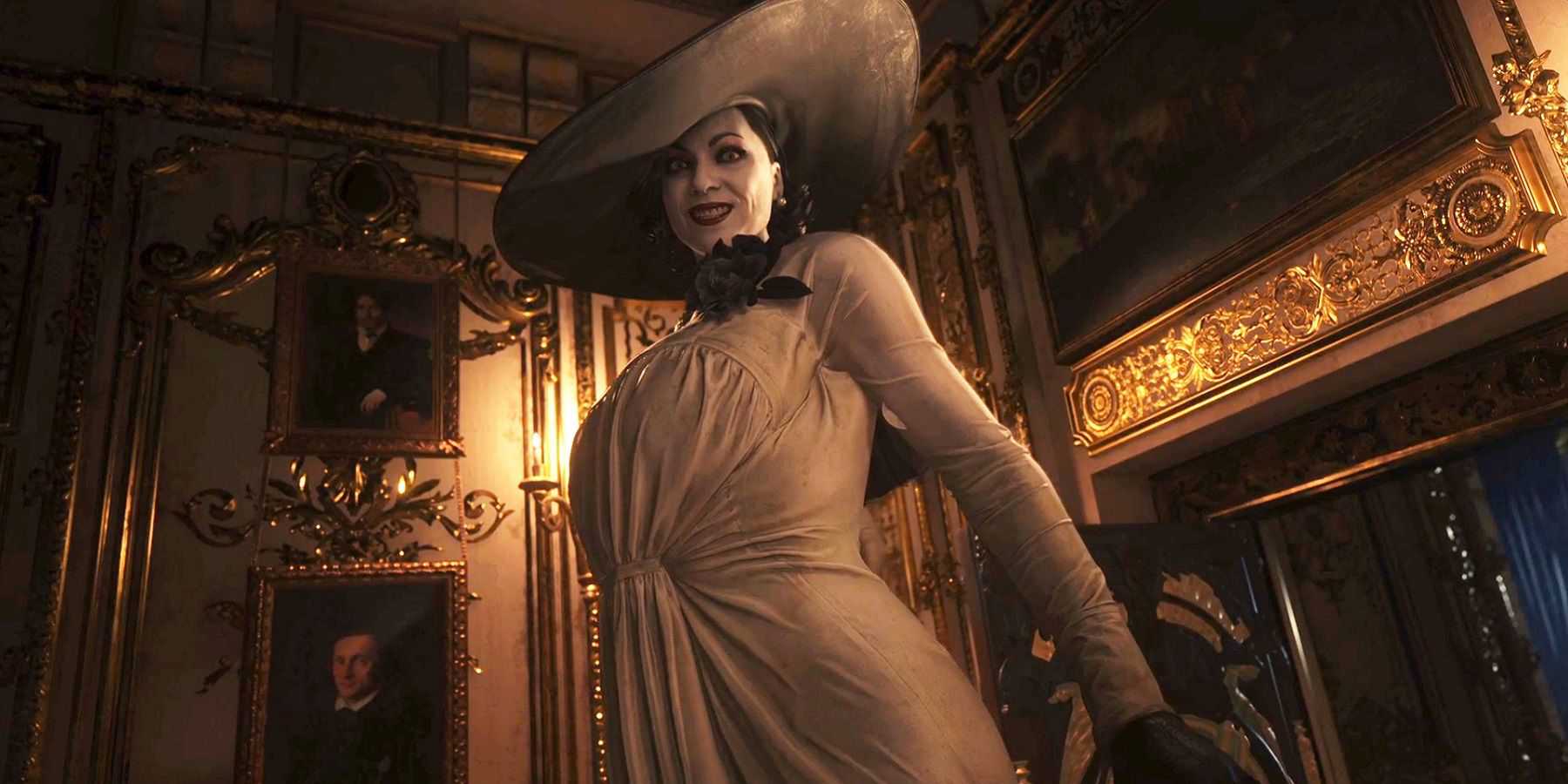 Image from Resident Evil 8 showing Lady Dimitrescu towering over the player.