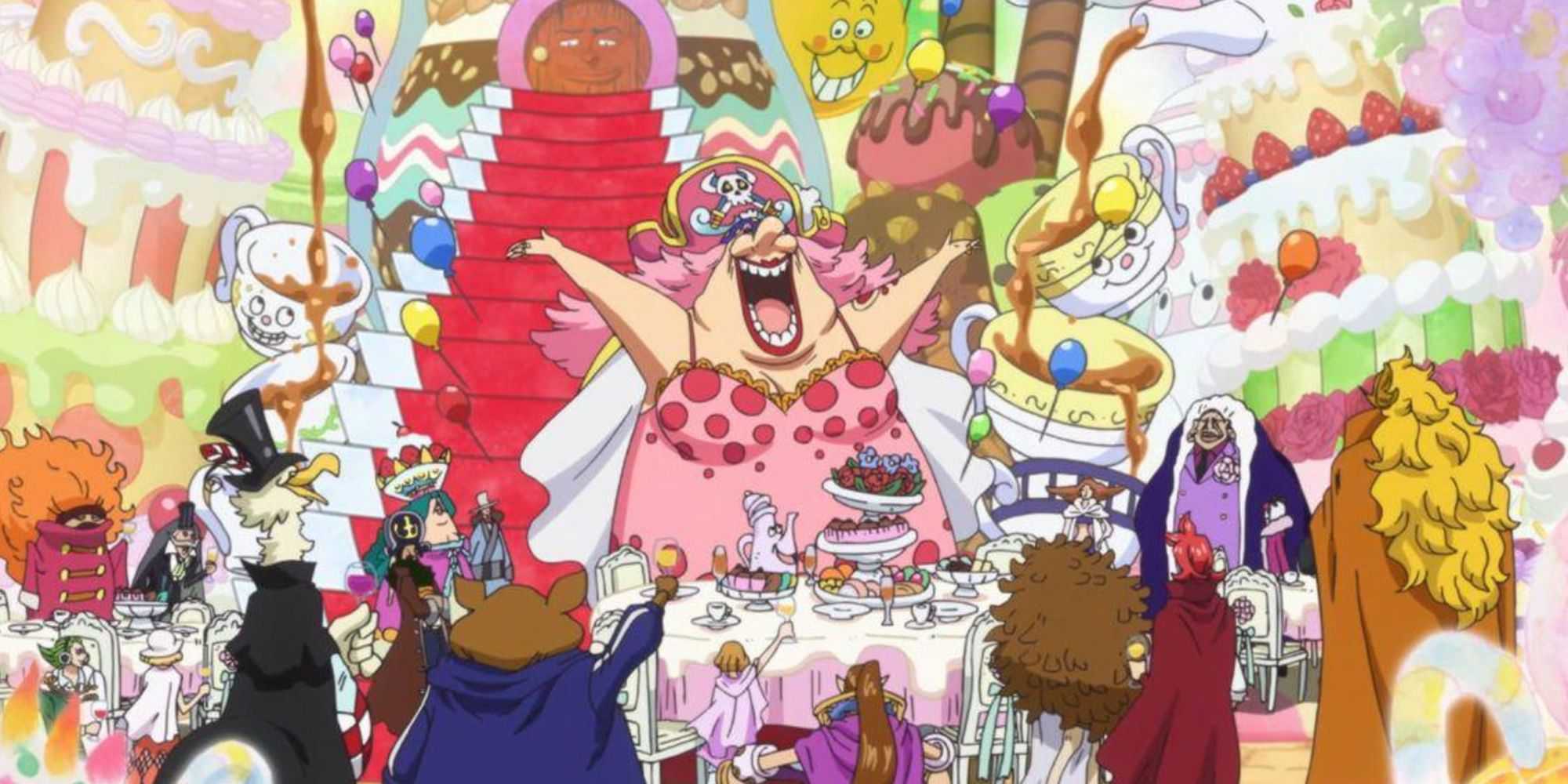 Big Mom e seus convidados na Festa do Chá na Ilha Whole Cake.