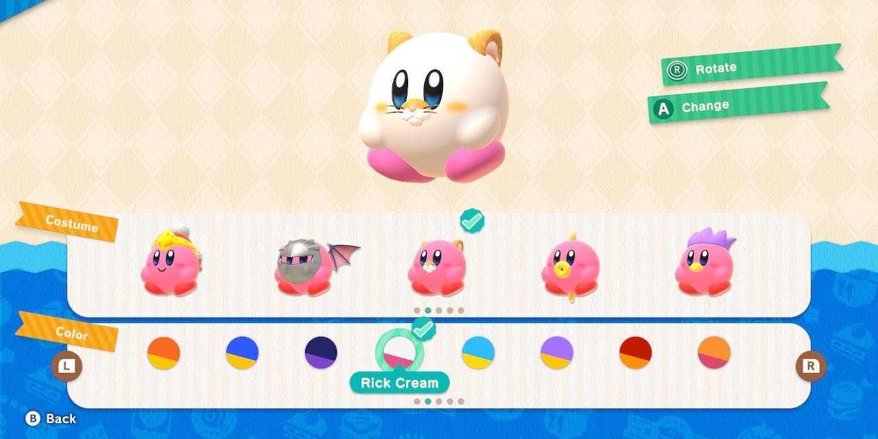 Kirby's Dream Buffet screenshot of the costume menu, with Rick's costume and 