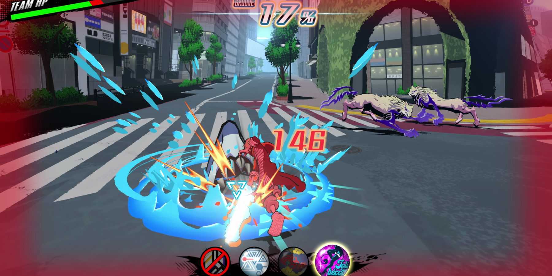 Character fighting monsters in a dynamic street battle in NEO The World Ends With You