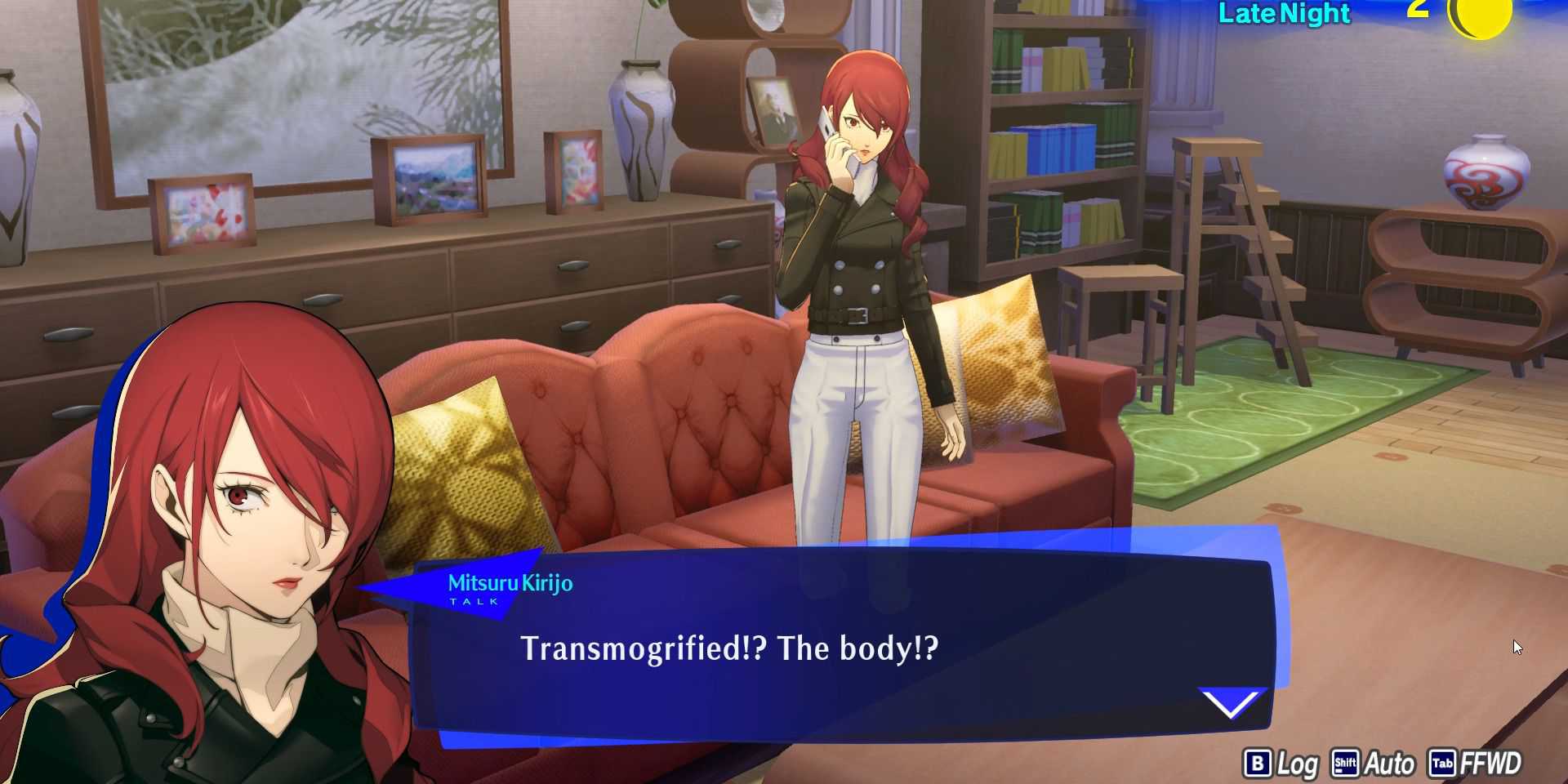 Imagem de Mitsuru ao telefone durante uma cena em Persona 3 Reload