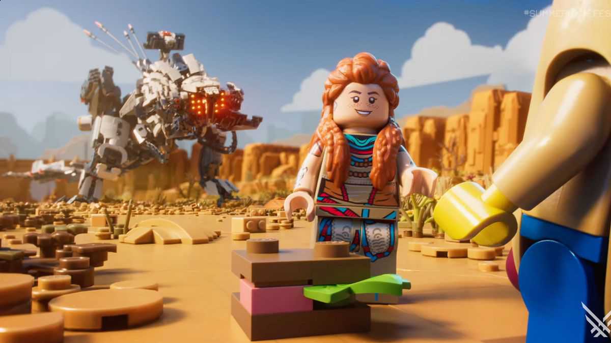 A screenshot of Aloy and a Thunderjaw in LEGO Horizon Adventures.