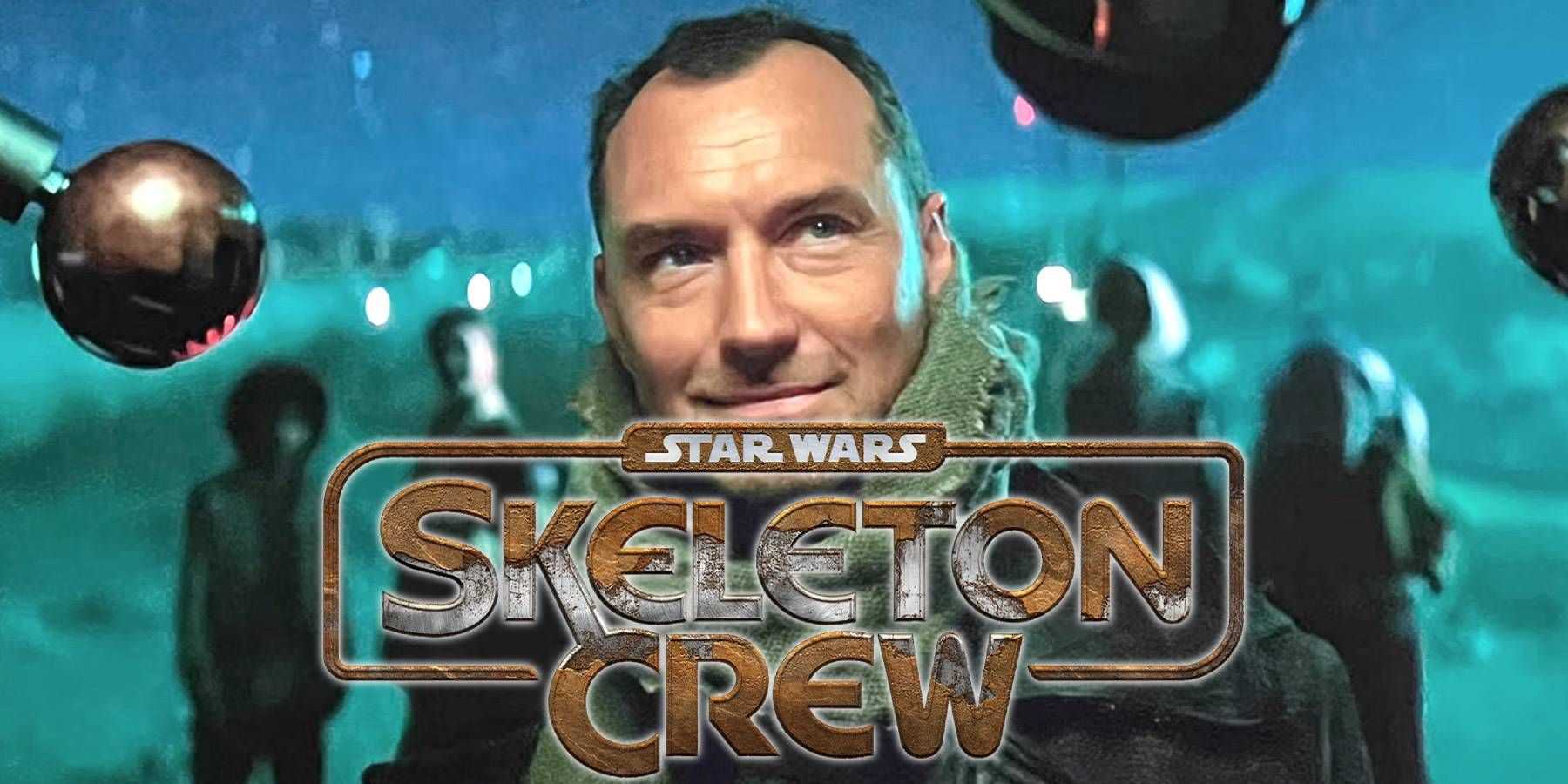 Jude Law in front of an unclear cast of younger actors in a promo image for Star Wars: Skeleton Crew