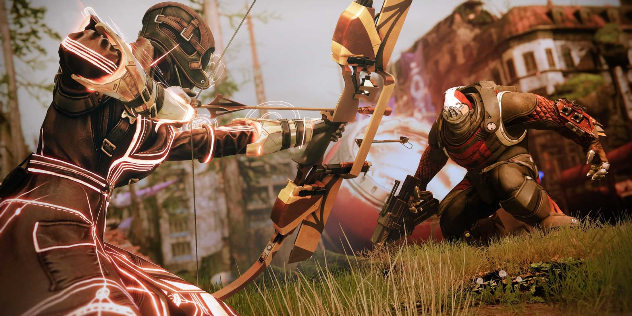 A Guardian is about to fire an arrow from the new Solstice bow.