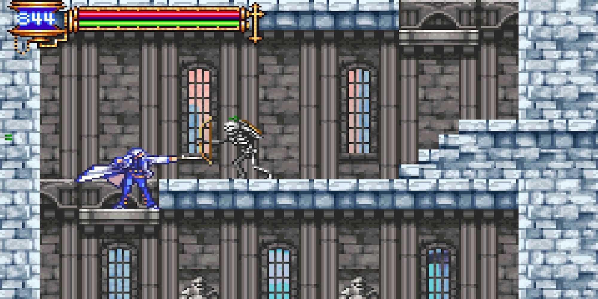 Fighting a skeleton archer in Castlevania Aria of Sorrow