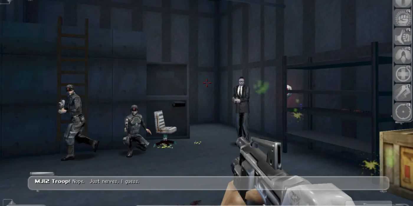 Aiming a gun at three enemies in Deus Ex