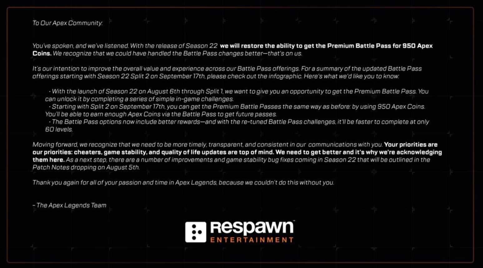 Respawn Statement On Apex